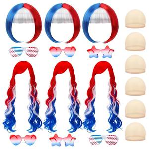 lot 2474 image: Zhamate 18 Pcs American Flag Wigs Set for Women Red White Blue Wig 4th of July Wigs Short Curly Wavy Wigs Retro 80s USA Glasses for Independence Day Christmas Cosplay Party