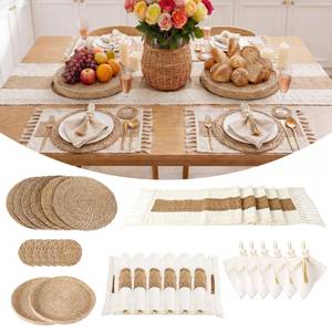 lot 3533 image: 6 Set Boho Table Placemats, Natural Cotton Burlap Woven Mats with Tassels & Bead Napkin Rings, Farmhouse Macrame Table Decor for Autumn Dining, Wedding & Home Use