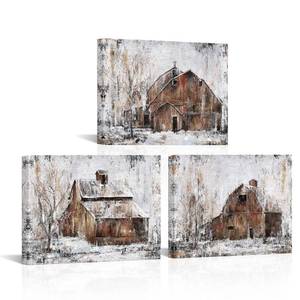 lot 3542 image: Visual Art Decor Rustic Farmhouse Wall Decor Country Wall Art Barn Pictures Framed Artwork for Living Room Bedroom Wall Decor 3 Piece (Rustic Brown, 12x16inchx3 Pieces)