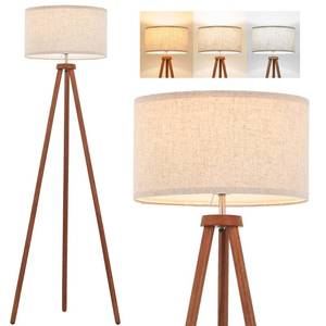 lot 3562 image: ELYONA Wood Tripod Floor Lamps with 3 Color Temperatures LED Bulb Vintage Standing Light Beige Linen Shade Tall Floor Lamp for Bedroom Living Room Office Study Room, Brown & Nickel Metal