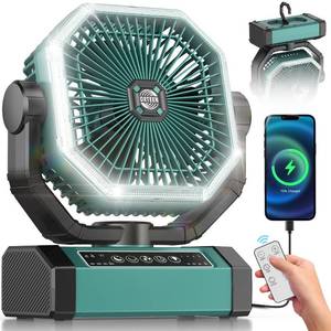 lot 3569 image: Portable Rechargeable Fan - 9-Inch Camping Fan for Tent, 24000mAh(60Hrs) Battery Operated Fan for Camping, Auto Oscillation Cordless Fans, Tent Fan with RemoteLight, 4 Speeds, 4 Timing, Outdoor