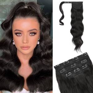 lot 4117 image: Flufymooz 4PCS Half Up Half Down Ponytail Extension Set, Fake Ponytail Soft Synthetic Hairpiece for Women, Long Thick Clip in Hair Extensions Wavy Fuller High Wrap Around (Black Brown 22In)