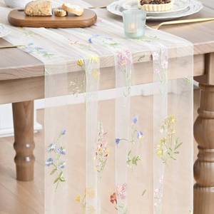 lot 4120 image: Artoid Mode 3PC Wildflower Floral Milky White Gauze Embroidery Table Runner 120 Inch 10FT, Tulle Seasonal Spring Kitchen Dining Table Decor for Home Party
