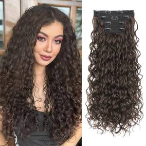 lot 4137 image: REECHO Curly Clip in Hair Extensions, 4PCS 24 inch Long Hair Extensions Clip ins Lace Weft Natural Hairpieces for Women Daily, Chocolate Brown