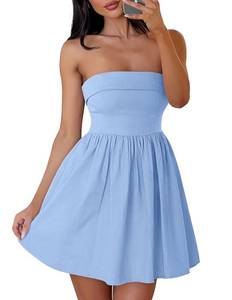 lot 4171 image: ZESICA Womens Summer Strapless Mini Dress 2026 Casual Off Shoulder A Line Swing Boho Beach Vacation Party Short Dresses Blue Large