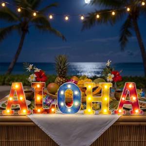 lot 4176 image: Grinsvalley Hawaiian Luau Party Decorations Aloha Light up Sign Summer Aloha LED Marquee Letter for Party Decorations Hibiscus Tropical Alphabet Letter Summer LED Lights for Wedding Night Birthday