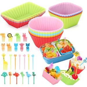 lot 4178 image: Axlksia 80 Pcs Silicone Lunch Box Dividers Set, Reusable Cupcake Liners for Baking, Colorful Lunch Bento Box Accessories with Cute Animal Food Picks (20 Cupcake Liners  60 Animal Picks)
