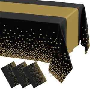lot 4211 image: Smiry Plastic Table Cloth Disposable 3 Pack, 54 x 108 Inch Rectangle Waterproof Tablecloth, Printed Gold Table Runner Style for Birthday Weeding, Party Decorations, Leakproof & Sturdy, Black and Gold