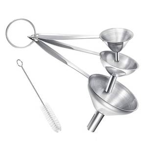 lot 4226 image: Small Funnels for Filling Bottles, 3 Pcs Stainless Steel Kitchen Funnel Set, Food Grade Mini Metal Funnel for Transferring Oil Liquid, Easy Cleaning with a Brush (Long Handle)