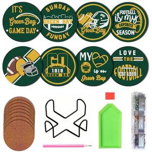lot 4239 image: Bartogro 8 Pcs Diamond Painting Coaster Kits, DIY Football Diamond Art Coasters with Holder Sports Diamond Art Crafts Supplies for Green Bay Design