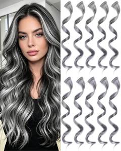 lot 4257 image: 10 Pcs Grey Curly Wavy Synthetic Clip-In Hair Extensions 17 Inch Women Gift