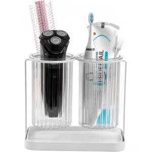 lot 5010 image: Toothbrush Holders with Drain Tray, 2 Slots Hanging Toothbrush and Toothpaste Holder Organizer Bathroom Caddy Countertop for Toothpaste, Razors, Electric Toothbrush - Clear