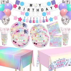 lot 5975 image: 194Pcs Music Theme Tableware Set for 24 Guests with Plates Napinks Cups Cutlery Tablecloths Banners & Balloons, Friendship Bracelet Party Supplies