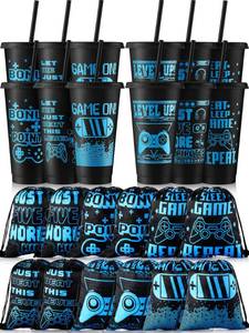 lot 5982 image: Mifoci 24 Pcs Video Game Party Favors, 12 Video Game Plastic Cups with Lids and Straws and 12 Drawstring Backpack, 24oz Reusable Tumble Bag for Gaming Party(Blue, Black)