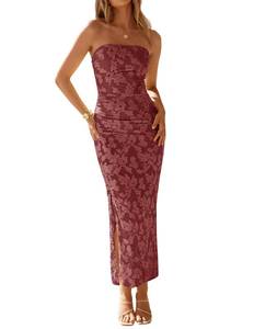 lot 6016 image: ZESICA Womens Summer Strapless Floral Ruched Maxi Formal Dress Wine Red S