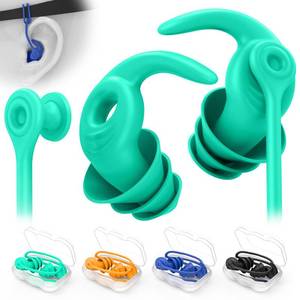 lot 6028 image: Swimming Ear Plugs for Adults, 4 Pairs Waterproof Reusable Silicone Swim Earplugs with Removable Cord, Perfect for Swimming, Showering, Surfing and Other Water Sports - Two Wearing Styles