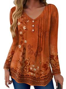 lot 6065 image: Zeagoo Going Out Tops for Women Long Sleeve V Neck Dressy Casual Shrits Print Pleated Blouses Tunic Office Work Basic Tees size XXL color blue