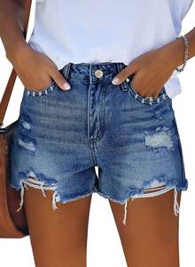 lot 6069 image: ZOLUCKY Jean Shorts for Women Stretchy Ripped Jean Shorts Mid Waisted Shorts Frayed Raw Hem Denim Shorts Navy M