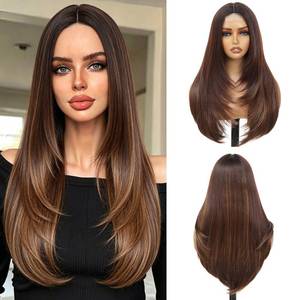 lot 6084 image: VOZIFAXIU Brown Highlight Wigs for Women 26 Inch Long Layered Wig Middle Part Brown Mix Blonde Wig Synthetic Heat Resistant Wig for Daily Party Use