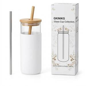 lot 6096 image: 16 oz glass cups with lids and straws - Thick 2.8mm Borosilicate Iced Coffee Cup and smoothie cup with White Silicone Sleeve -Car Cup Holder Reusable Water Bottle for Smoothie & Matcha, Gift Box