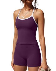 lot 6118 image: SUUKSESS Women 2 Piece Workout Sets High Waisted Tummy Control Biker Shorts Halter Padded Tank Tops Racerback Sports Bras