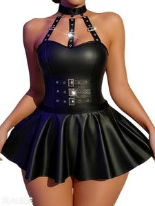 lot 6137 image: Knotica Faux Leather Dress for Women �� Black Leather-Look Lingerie with Gothic Lingerie Style, Rave Dress Inspired Design size s