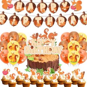 lot 6498 image: Woodland Animals Squirrel Party Supplies - Includes Squirrel Birthday Banner, Cake Topper, Cupcake Toppers & Balloons for Zoo Animals Themed Party