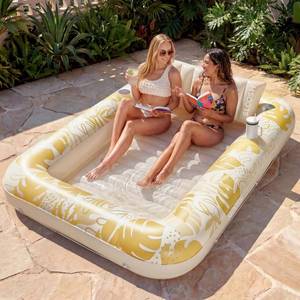 lot 7792 image: SLOOSH Inflatable Tanning Pool Lounger Float, 85 x 57 Extra Large Pool Floats Adult with Pillow, 4 in 1 Suntan Tub Raft Floatie,Sunbathing Bed Lounge for Water Blow Up Ball Pit, XL-Golden White
