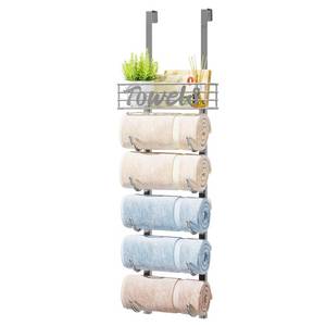 lot 7796 image: HapiRm Towel Racks for Bathroom Storage - 6 Tier Over The Door & Wall Mount Rolled Towel Storage Organizer Holder with Metal Shelf Basket for Small Bathroom, Camper, Rv - Sliver, Patented