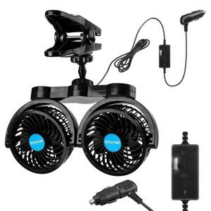 lot 7799 image: Car Fan 12V, Dual Head 4 Inches Clip-On 360 Rotatable Cooling Fan for FrontBack Seat Passenger, Adjustable Cooler With Stepless Speed Regulation for SUV, RV, VAN, Boat