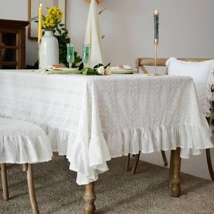 lot 7800 image: Artbloss Rectangle Cotton Tablecloth Ruffled Table Cloth, White 60 x 84
