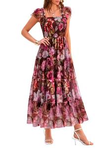 lot 8016 image: PRETTYGARDEN Womens Summer Smocked Midi Tulle Dress, Floral Brown Pink,M