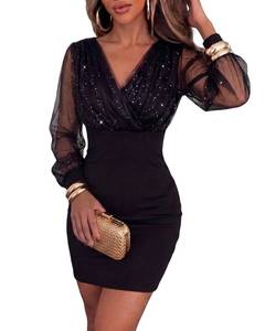 lot 8026 image: CHICME Womens Glitter Party Dress V-Neck Slim Fit Mini Dresses-Black-S