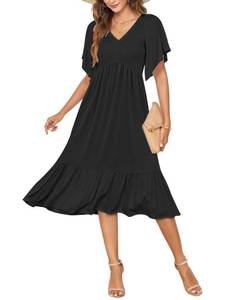 lot 8028 image: AUSELILY Womens Summer Empire Waist Dress Smocked Flutter Short Sleeve V Neck Midi Dresses 2026 New Black L