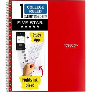 lot 8029 image: Five Star Spiral Notebook Plus Study App, 1 Subject, College Ruled Paper, 100 Sheets, 8-12 x 11, Fire Red (72053)