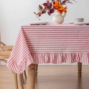 lot 8034 image: Striped Cotton Blend Tablecloth 60 � 84 Ruffled Table Cloth Washable Rectangular Fabric Table Cover Farmhouse Picnic Kitchen Dinning Tabletop Home Decoration, Red, 6-8 Seats