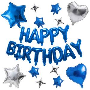 lot 8473 image: Blue and Silver Happy Birthday Party Decorations, 16 Inch Happy Birthday Balloons Banner for Men, Heart Star Foil Balloons