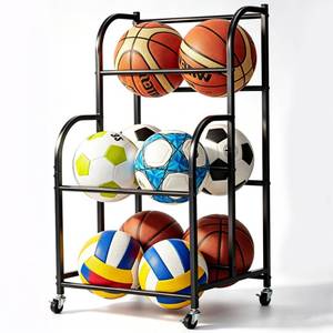 lot 11543 image: ShelfElites Basketball Rack with Wheels - Space-Saving Vertical Ball Storage for Basketball, Football, Soccer, Rolling Ball Rack for Garage & Outdoor, Heavy-Duty Ball Holder Organizer (Missing Screws)
