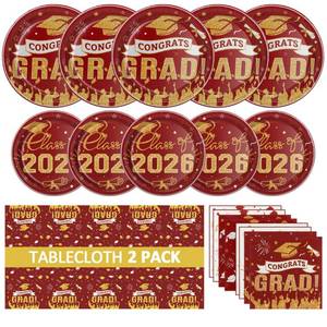 lot 12003 image: Qyntelix Graduation Party Plates Napkins and 2026, Class of 2026 Congrats Grad Party Supplies 9 and 7 Maroon Disposable Paper Plates Tablecloth for Graduation Party Decor,Serve 50