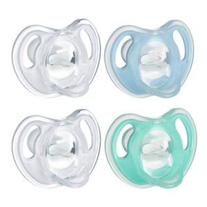 lot 12017 image: Tommee Tippee Ultra-Light Silicone Pacifier, 0-6 Months, Symmetrical One-Piece Design, BPA-Free Silicone Binkies, ClearBlueGreen, Pack of 4 (Only 2)