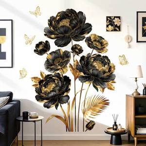 lot 12408 image: Peelora Large Black Gold Flower Wall Stickers Floral Butterfly Gold Leaves Plants Wall Decals Living Room Bedroom Tv Background Self-Adhesive Home Decor Stickers