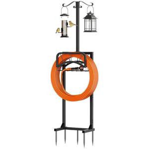 lot 19706 image: Garden Hose Holder, Upgraded Heavy Duty Freestanding Water Hose Holder Stand with 5 Spikes, Storage Basket & 2 Shepherd Hooks, Supports Up to 160 FT Hose for Yard Lawn