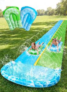 lot 19745 image: JOYIN 22.5FT Water Slide and 2 Inflatable Boards, Extra Long Heavy Duty Double Lawn Waterslide with Sprinkler for Kids Adults Backyard Summer Water Toy Outdoor Fun, Blue, Green