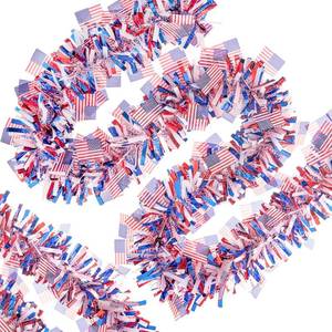 lot 19749 image: YunPuff 50Ft 2026 4th of July Garland Decorations, Glitter Tinsel Patriotic Decor 250 Anniversary USA Merchandise, Red White Blue with American Flags for National Independence Day Decor