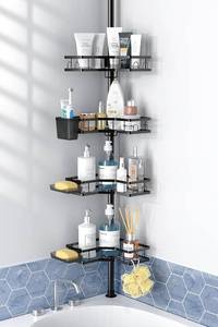 lot 19766 image: Adjustable Shower Caddy Tension Pole Rustproof Corner Bathroom Shelves