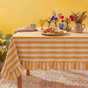 lot 20342 image: Tudomro 1 Pcs Ruffle Edge Striped Tablecloth, 52 x 70 Scalloped Table Cover, Farmhouse Linen Fabric Cloth for Rectangle Table, Dining Room Bridal Shower Wedding Holiday Party(Mustard, Ivory)