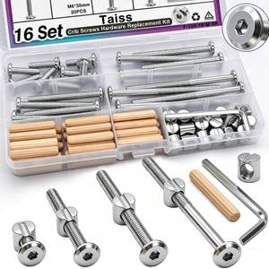 lot 20371 image: Taiss 16 Set Crib Screws M6x20mm40mm60mm80mm Hex Socket Cap Screws Bolt,Barrel Nuts&Dowel Pins,Furniture Bolt,Baby Bed Crib Bolts Hardware Replacement Kit for Beds Furniture (Open Box, May Be Missing Pieces)