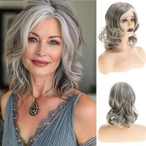 lot 20374 image: Wiwige Grey Curly Wavy Wig for Women Mid-Length Gray Synthetic Natural Looking Heat Resistant Halloween Cosplay Wig