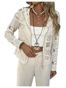lot 20377 image: GORGLITTER Womens Lace Crochet Cardigan Jacket Lightweight Sheer Hoodie Large