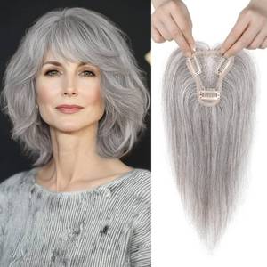 lot 20385 image: REECHO 10 Real Human Hair Topper for Women with Thinning Hair, Clip-in Crown Hairpiece for Instant Volume and Gray Root Coverage Real Hair Toppers Wiglett, Standard Base, Salt & Pepper
